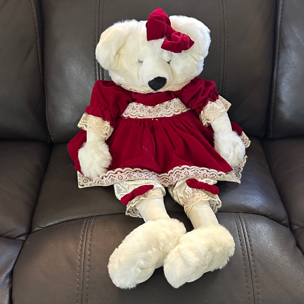 Vintage Plush White Bear in Red Velvet Dress with Lace